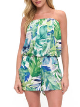 Load image into Gallery viewer, Woman wearing strapless green and blue tropical palm leaf print romper with elastic waist and side pockets - 4