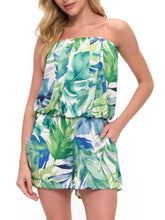 Load image into Gallery viewer, Woman wearing strapless green and blue tropical palm leaf print romper with elastic waist and side pockets - 1