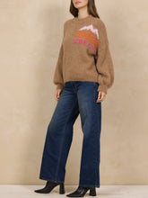 Load image into Gallery viewer, Camel chunky knit mock neck sweater with pink and orange mountain Apres Ski graphic design - 5