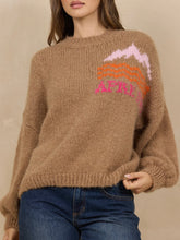 Load image into Gallery viewer, Camel chunky knit mock neck sweater with pink and orange mountain Apres Ski graphic design - 3