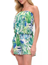 Load image into Gallery viewer, Woman wearing strapless green and blue tropical palm leaf print romper with elastic waist and side pockets - 2