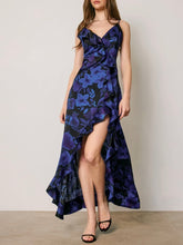 Load image into Gallery viewer, Daphne high-low maxi dress in blue and black floral print with ruffle detail and spaghetti straps - 1