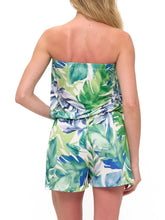 Load image into Gallery viewer, Woman wearing strapless green and blue tropical palm leaf print romper with elastic waist and side pockets - 5