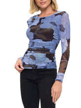 Load image into Gallery viewer, Women's long sleeve mesh floral top in blue and brown with ruched sides and scoop neckline - 2