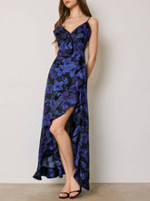 Load image into Gallery viewer, Daphne high-low maxi dress in blue and black floral print with ruffle detail and spaghetti straps - 5