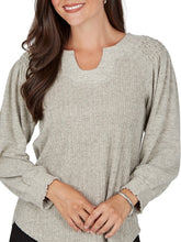 Load image into Gallery viewer, Womens oatmeal marled ribbed knit U-neck top with puff sleeves and cable shoulder detail - 5