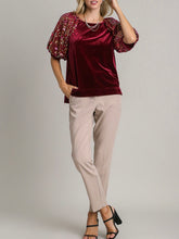 Load image into Gallery viewer, Velvet Top with Sequin Sleeve - Cranberry FINAL SALE