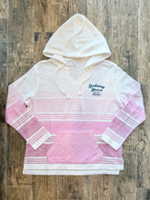 Load image into Gallery viewer, Pink ombre striped Rockaway Beach Stay Salty baja hoodie with kangaroo pocket and drawstring hood - 2