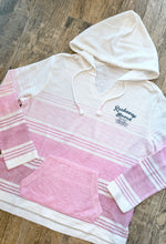 Load image into Gallery viewer, Pink ombre striped Rockaway Beach Stay Salty baja hoodie with kangaroo pocket and drawstring hood - 1