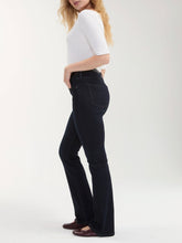 Load image into Gallery viewer, Bobbie Baby Boot Jean in Nocturnal Haze dark wash denim, high-rise flare fit, paired with white ribbed top - 3
