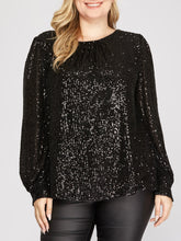 Load image into Gallery viewer, Sequin Long Sleeve Puff Sleeve Top - Black