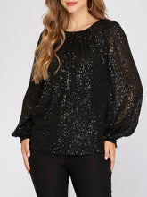 Load image into Gallery viewer, Sequin Long Sleeve Puff Sleeve Top - Black
