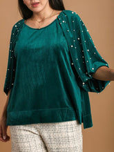 Load image into Gallery viewer, Velvet Top with Pearls - Green FINAL SALE