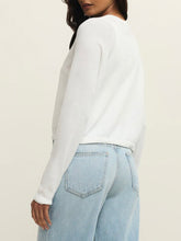 Load image into Gallery viewer, Woman wearing white cropped button-front Perfect Layer Cardigan over white tank top with light wash jeans - 5