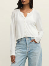 Load image into Gallery viewer, Woman wearing white cropped button-front Perfect Layer Cardigan over white tank top with light wash jeans - 6