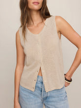 Load image into Gallery viewer, Woman wearing Syd Sweater Vest in Sandstone beige knit with button front, paired with light wash jeans - 4