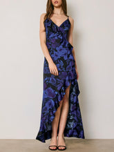 Load image into Gallery viewer, Daphne high-low maxi dress in blue and black floral print with ruffle detail and spaghetti straps - 2