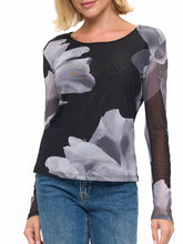 Load image into Gallery viewer, Women's long sleeve mesh floral top in blue and brown with ruched sides and scoop neckline - 3