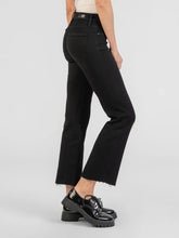 Load image into Gallery viewer, Kelsey high rise ankle flare jeans in black with raw hem, styled with patent leather lace-up oxford shoes - 2