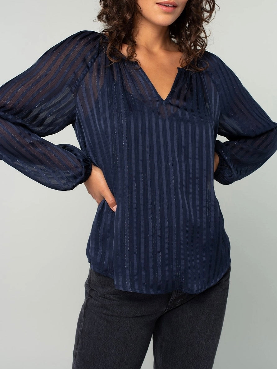Two Piece Metallic Stripe Long Sleeve Top - Navy