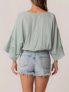 3/4 Sleeve Open Embroidery Top - Seafoam