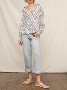 Bandana Print Long Sleeve Top - White/Navy