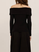 Load image into Gallery viewer, Studio City black off-shoulder long sleeve knit top with draped neckline, worn by brunette model - 2

