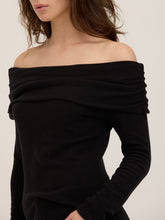 Load image into Gallery viewer, Studio City black off-shoulder long sleeve knit top with draped neckline, worn by brunette model - 1
