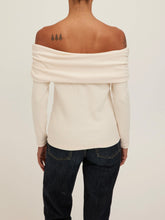 Load image into Gallery viewer, Studio City cream off-shoulder long sleeve top with folded neckline, paired with dark denim jeans, front view - 4
