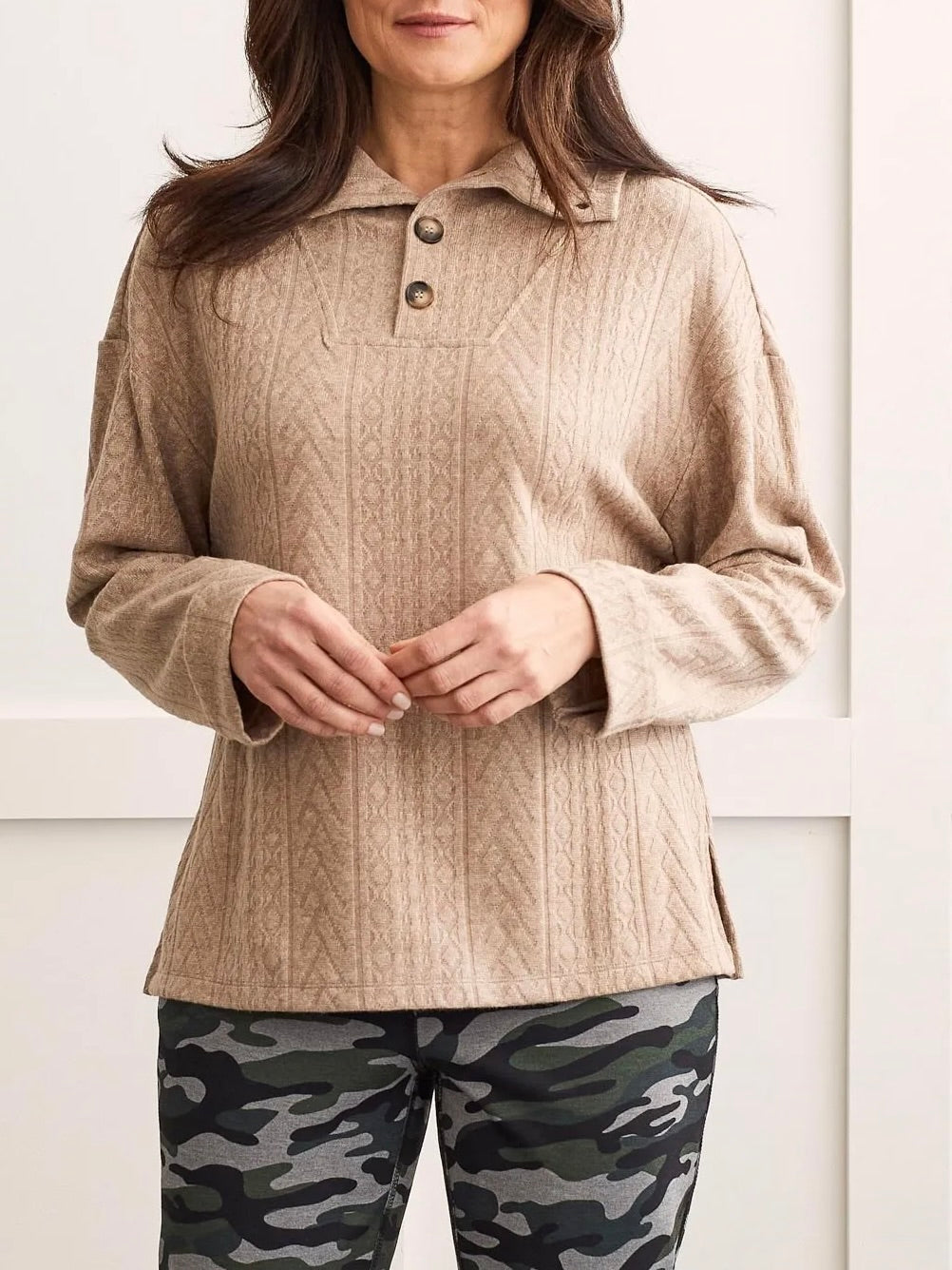 Funnel Neck Jacquard Top with Buttons - Cinnamon