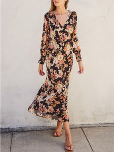 Floral Long Sleeve Midi Dress - Black Floral