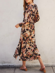 Floral Long Sleeve Midi Dress - Black Floral