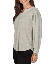 Load image into Gallery viewer, Womens oatmeal marled ribbed knit U-neck top with puff sleeves and cable shoulder detail - 3
