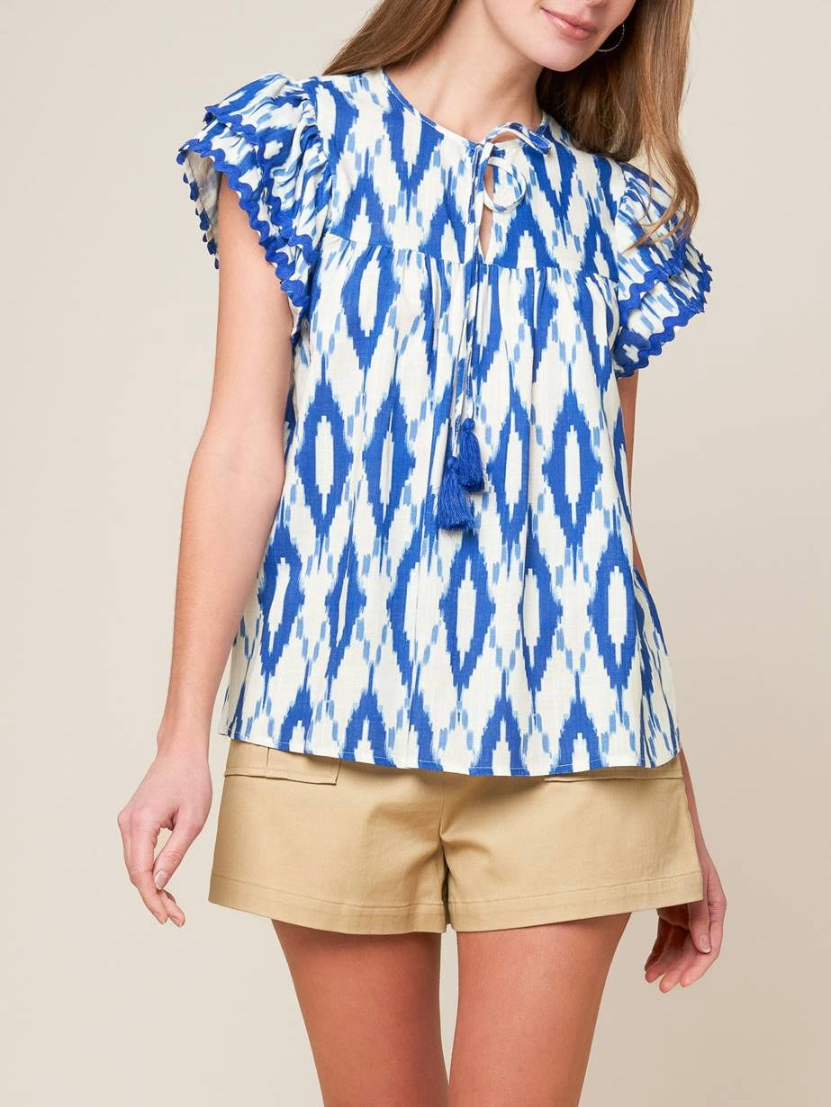 Flutter Sleeve Top - Blue/White