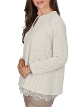Load image into Gallery viewer, Oatmeal chevron knit long sleeve top with keyhole neckline and layered lace hem cami, paired with dark jeans - 4
