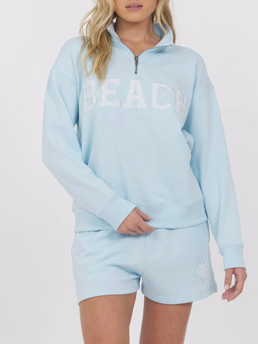 Eyelet Beach 1/4 Zip Sweatshirt - Light Blue