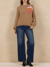 Load image into Gallery viewer, Camel chunky knit mock neck sweater with pink and orange mountain Apres Ski graphic design - 6
