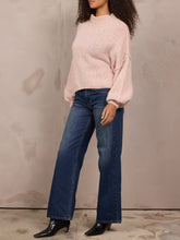 Load image into Gallery viewer, Oversized chunky knit mock neck sweater in light pink paired with wide-leg blue jeans - 6
