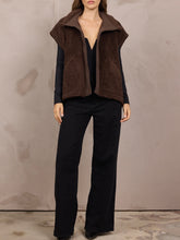 Load image into Gallery viewer, Brown sherpa shearling vest with snap buttons layered over cream sweatshirt set, women's cozy fall outerwear - 3
