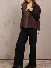 Load image into Gallery viewer, Brown sherpa shearling vest with snap buttons layered over cream sweatshirt set, women's cozy fall outerwear - 4

