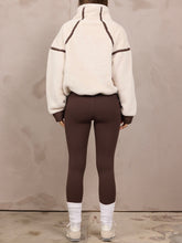 Load image into Gallery viewer, Beige sherpa quarter-zip pullover with brown binding trim details and kangaroo pocket - 2
