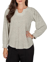 Load image into Gallery viewer, Womens oatmeal marled ribbed knit U-neck top with puff sleeves and cable shoulder detail - 1
