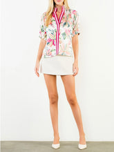 Load image into Gallery viewer, Womens floral satin blouse pink off white with striped band collar puff sleeves paired with mini skirt - 3
