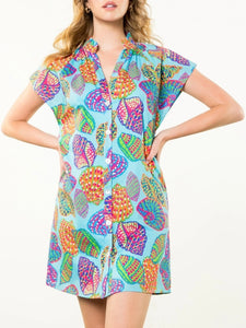 Shell Print Button-down Dress - Light Blue