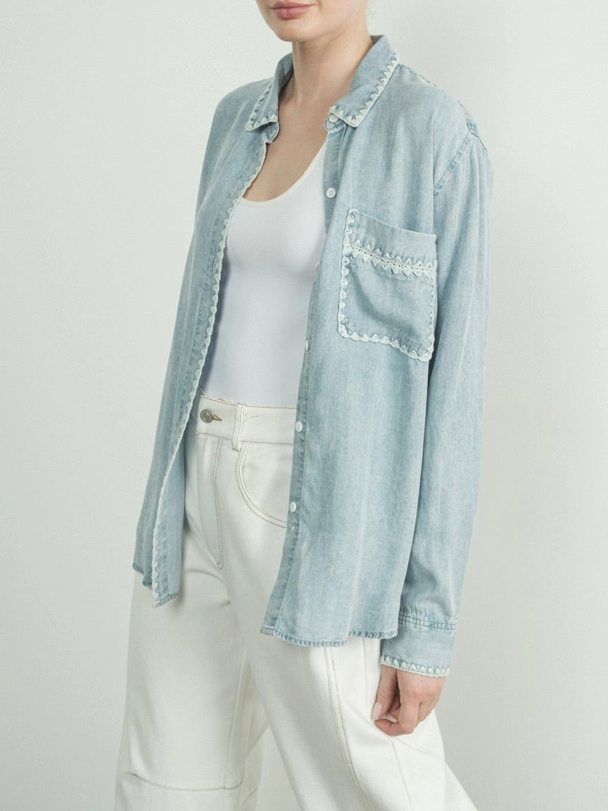 Denim Button-down with Embroidered Edge - Chambray