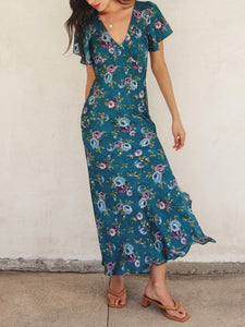 Vintage Roses Maxi Dress - Teal