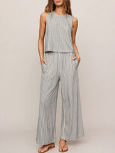 Load image into Gallery viewer, Scout Knit Striped Wide-Leg Pant in Eclipse gray and white vertical stripes with elastic waist and pockets - 1
