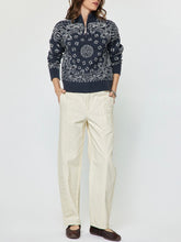 Load image into Gallery viewer, Navy blue bandana print knit half zip pullover sweater with paisley pattern on woman model - 3

