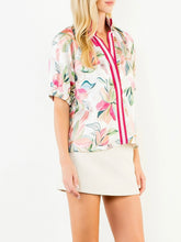 Load image into Gallery viewer, Womens floral satin blouse pink off white with striped band collar puff sleeves paired with mini skirt - 7
