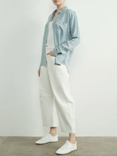 Load image into Gallery viewer, Denim Button-down with Embroidered Edge - Chambray
